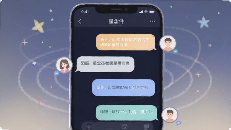 星念软件内智能对话界面截图风格插画,手机屏幕中显示用户与AI一来一往的聊天气泡,气泡颜色柔和,背景点缀星光与思维涟漪图形,突出智能对话氛围