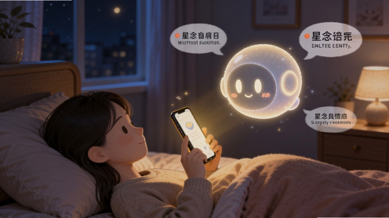 星念情感陪伴功能场景插画,夜晚卧室环境,用户侧躺看手机,屏幕散发暖光,星念AI以柔和光球形象浮现,周围有安抚性文字气泡,画面温馨治愈