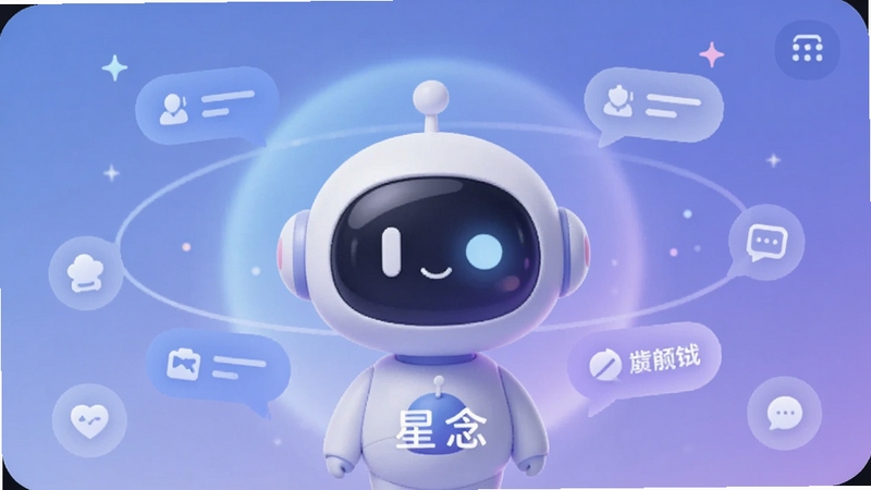一款名为星念的手机应用主界面,居中展示圆润可爱的AI助手形象,背景为柔和的蓝紫色渐变光晕,四周环绕对话气泡与功能图标,整体风格清新现代,适配Boogu模型生成