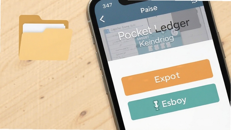 Pocket Ledger 数据备份设置页面示意图,画面中手机屏幕显示导出与备份按钮,背景为浅色木质桌面与文件夹图标,风格温馨实用