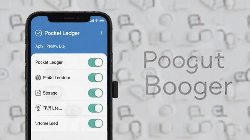 Pocket Ledger 安装权限设置示意图,画面展示手机屏幕上的权限开关列表与存储选项,背景简洁,适配 Boogu 模型生成