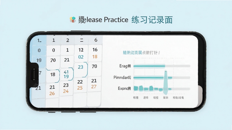 Release Practice 练习记录界面展示,手机屏幕中呈现日历式练习打卡与进度条图表,清新浅色背景,扁平化设计风格,细节清晰,适合软件介绍配图