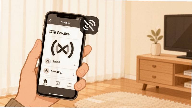 Release Practice 离线使用场景插画,一只手握手机在无网络标识环境下查看练习记录,背景为简约室内一角,色调温暖,突出轻量便捷特点