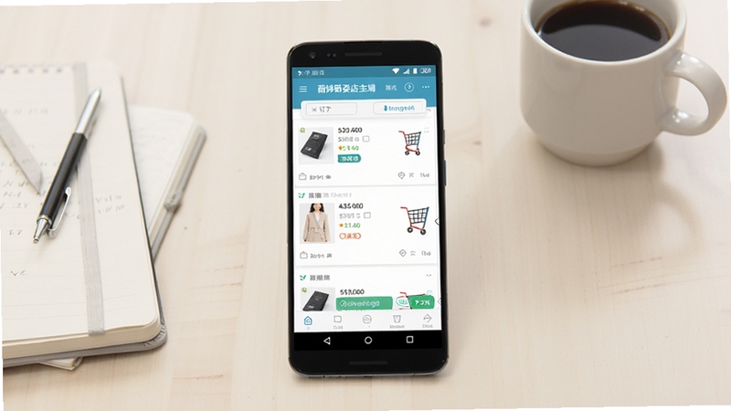 手机屏幕中展示茹娣茹姿店主端应用界面,画面主体为一部竖屏摆放的安卓手机,屏幕内呈现商品列表与订货车页面,背景为简洁的浅色办公桌面,旁边放置笔记本与咖啡杯,整体风格清爽商务,突出移动订货场景