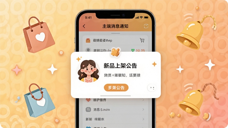 茹娣茹姿店主端消息通知页面展示,画面主体为手机屏幕弹出新品上架公告卡片,背景为柔和的暖色调渐变,周围点缀购物袋与铃铛图标元素,风格活泼亲切