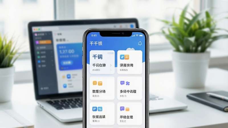 千问办公应用主界面全貌展示,画面中央为手机屏幕特写,屏幕内呈现清爽的办公功能卡片布局,背景为虚化的现代办公桌面,有笔记本电脑与绿植点缀,整体色调明亮简洁,突出智能办公氛围