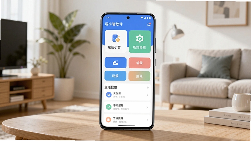 整体画面以一部竖屏安卓手机为中心,屏幕中展示居小智软件主界面,包含设备卡片、场景按钮与生活提醒列表,手机放置在浅木色桌面上,背景是明亮整洁的现代客厅一角,有绿植与柔和自然光,整体风格清新写实,构图居中,突出软件全貌与居家氛围