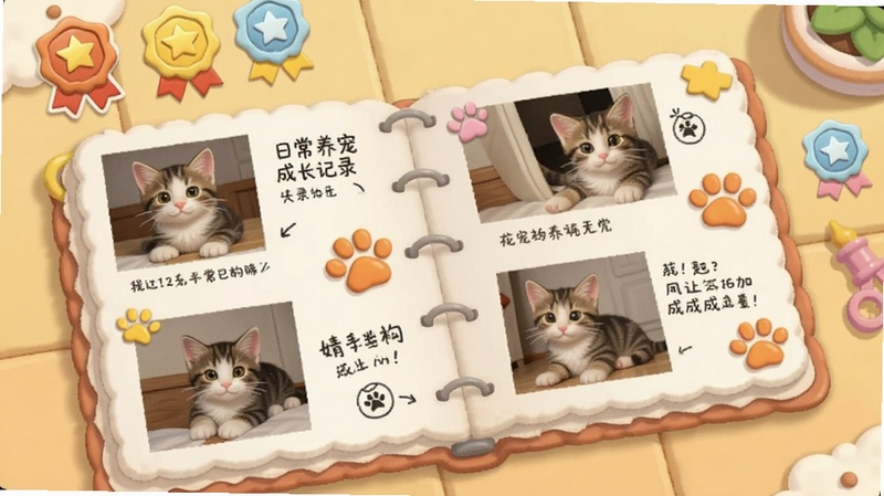 日常养宠成长记录页面,画面中展示一本卡通风格的宠物成长相册,翻开的内页贴着小猫不同阶段的照片和手写风格文字,旁边有成就徽章图标,背景是温暖的米黄色桌面,整体细节丰富,适配Boogu模型生成