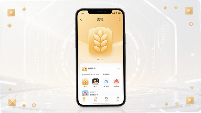 麦粒软件官方主视觉展示图,画面中央为手机屏幕显示麦粒应用主界面,界面以暖金色麦穗图标为核心元素,背景为浅色渐变科技感空间,四角点缀简约几何装饰,整体风格清爽明亮,适配应用商店宣传图构图