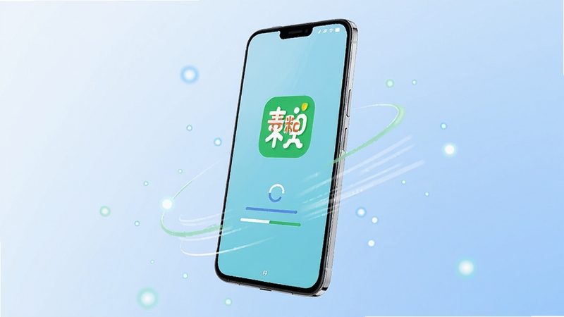 麦粒应用启动界面AI生图,画面为一部竖屏安卓手机悬浮于浅蓝渐变背景中,屏幕显示麦粒应用图标与加载进度条,周围环绕轻盈的光点与速度线条,体现快速启动的视觉感受,整体色调清新简洁