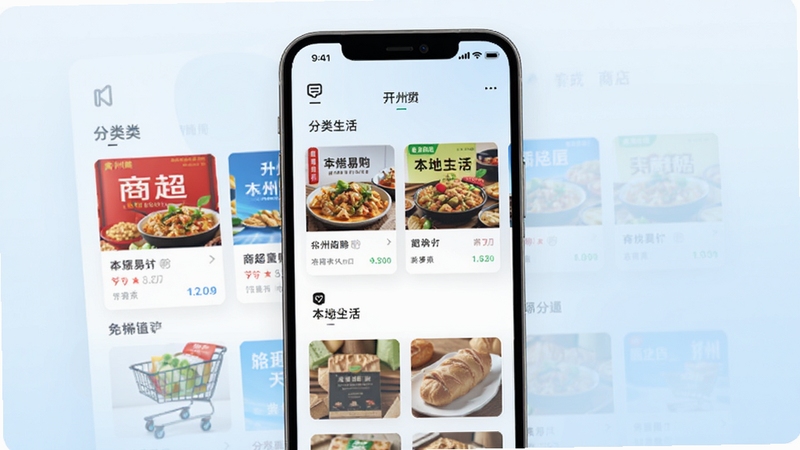 开州易购应用首页本地生活入口界面展示,手机屏幕中呈现商超卡片与分类导航,背景为简洁的浅色渐变,整体风格清新明亮,适合应用商店宣传图