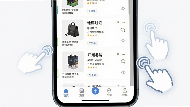 开州易购移动端操作界面示意图,手机屏幕展示商品列表滑动与底部导航栏,画面配有简洁的操作手势标识,整体风格清爽直观