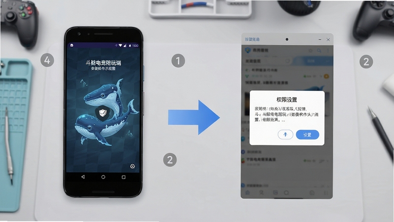 斗鲸电竞陪玩端安装操作示意图,画面展示安卓手机安装界面与权限设置弹窗,旁边配以简洁的步骤箭头标识,背景为浅灰色工作台风格,整体色调柔和,突出安装流程的清晰指引