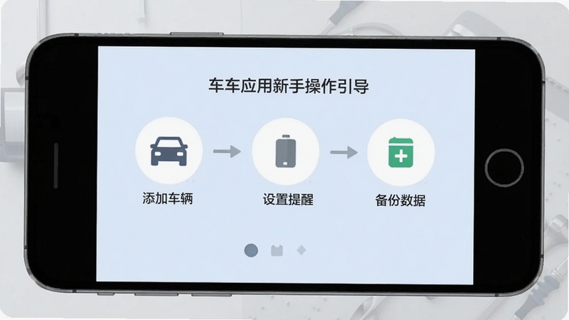 车库应用新手操作引导界面,手机屏幕展示分步设置向导,包括添加车辆、设置提醒、备份数据三个步骤图标,界面简洁友好,浅色背景,扁平化设计风格,适合教程展示