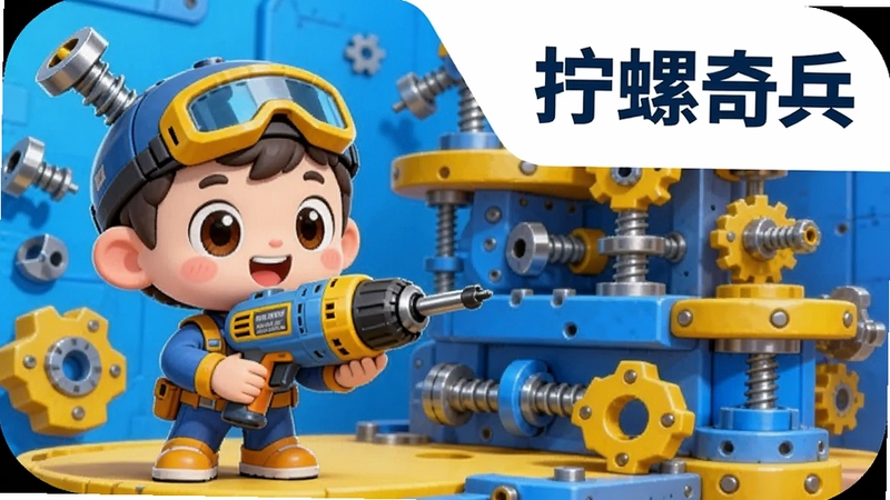 整体画面采用明亮卡通风格,主体为一位手持电动螺丝枪的可爱卡通角色站在画面中央偏左位置,背景为多层立体螺丝机关结构,色彩以蓝黄为主,右上角留白区域用于放置软件名称“拧螺奇兵”字样,画面细节丰富,适合作为软件首图展示