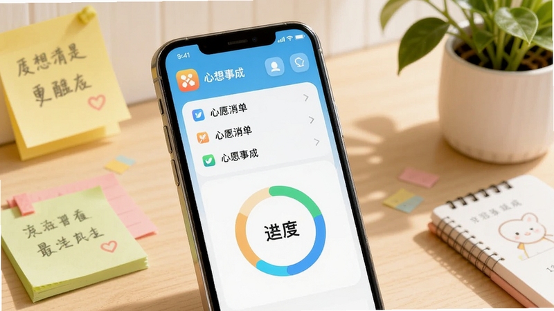心想事成软件主界面全貌展示,画面主体位于中央偏左,一台智能手机竖屏显示心愿清单列表与进度环形图,背景为暖色调书桌场景,有便签纸与绿植点缀,整体风格清新明亮,突出心想事成应用图标与界面元素