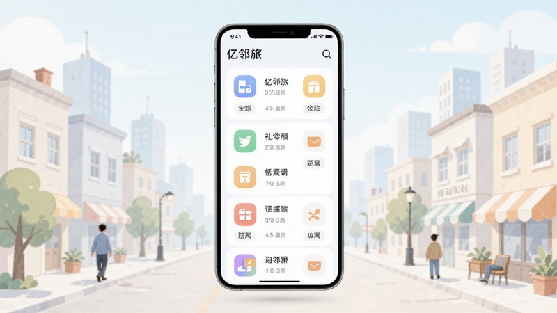 一款名为亿邻旅的手机应用界面展示社区周边生活服务信息列表,画面主体为居中悬浮的手机屏幕,屏幕内呈现分类图标与距离标签,背景为浅色城市街区插画风格,色调清新柔和,细节清晰,适合软件下载站配图