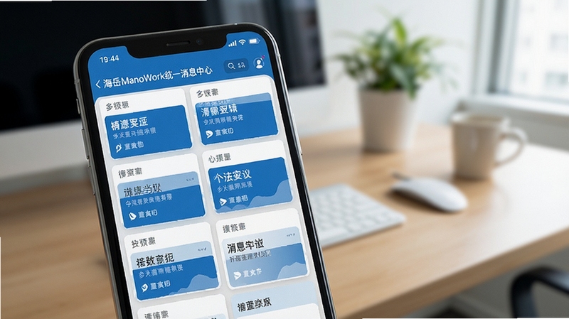 海岳ManoWork统一消息中心界面展示,手机屏幕中排列整齐的消息卡片,蓝白色调,简洁商务风格,背景为虚化的办公桌面