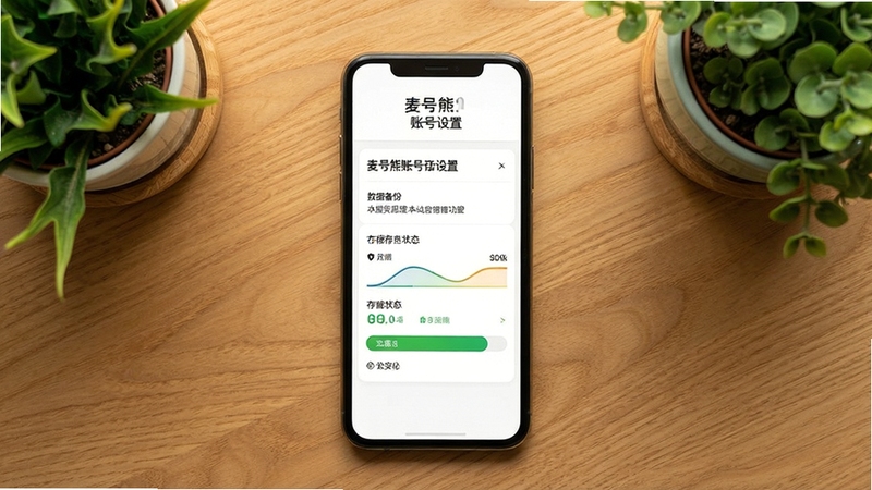 麦号熊账号设置页面与本地存储管理功能展示,手机屏幕呈现数据备份选项与存储状态条,画面采用俯视角度,背景为木质桌面与绿植点缀,整体色调温暖自然,突出数据可控的安心感