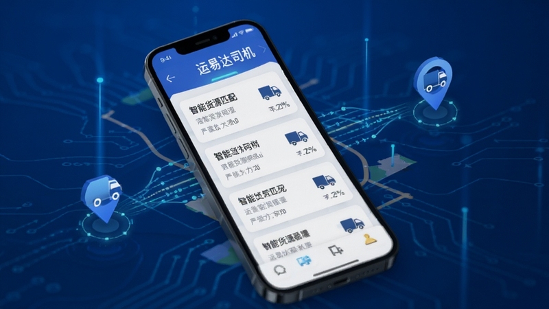 运易达司机端 智能货源匹配界面 手机屏幕显示多条货源卡片 地图定位图标 货车图标 数据流线条连接 科技感蓝色背景 简洁UI设计