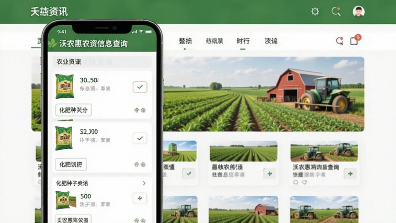 沃农惠农资信息查询界面展示,手机屏幕中呈现化肥种子分类列表,背景为整洁的农业资讯页面,风格清新自然