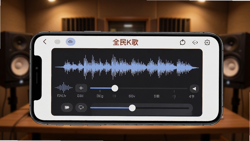全民K歌智能修音界面,手机屏幕显示人声波形与音效调节滑块,背景为暖色录音棚环境,画面写实细腻