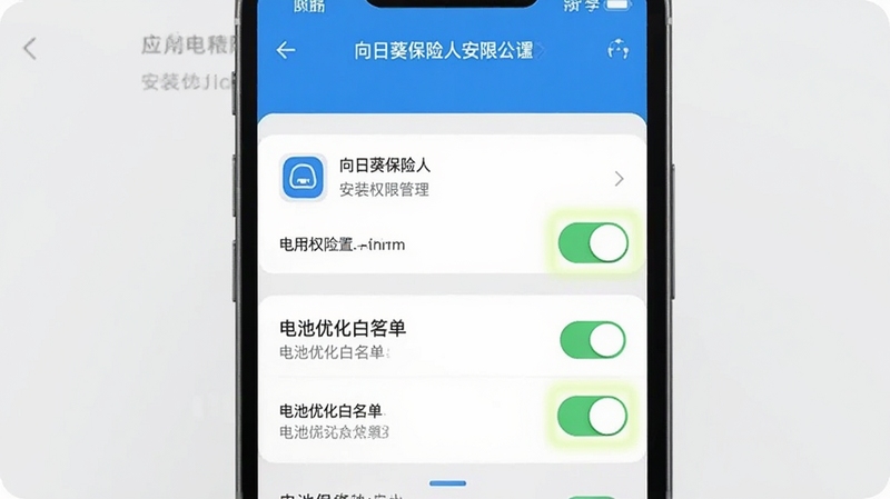 向日葵保险人安装权限设置示意图,手机屏幕显示应用权限管理页面与电池优化白名单选项,画面中有高亮标注的开关按钮,背景为浅灰色系统设置界面,风格直观清晰