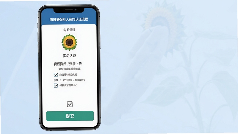向日葵保险人签约认证流程界面,手机屏幕展示实名认证步骤与资质上传页面,画面中有勾选确认和提交按钮,背景为浅蓝色渐变,风格规范严谨