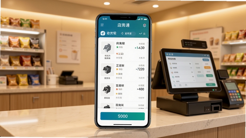 店务通移动收银管理软件主界面展示,画面中央为一部智能手机显示店务通应用首页,背景为简洁的现代便利店收银台场景,暖色调灯光,突出手机屏幕上的商品列表与收银按钮,整体风格清爽商务