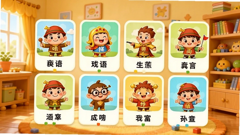 儿童动画成语故事软件主界面展示,画面中央为平铺排列的成语动画卡片墙,每张卡片上有卡通成语角色插画和成语文字,背景为暖色调的儿童书房场景,整体风格温馨明亮,适配儿童教育软件宣传图