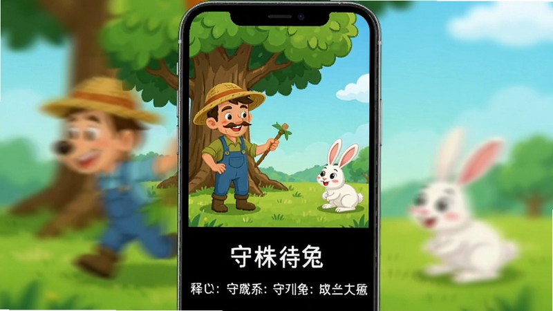 儿童动画成语故事动画播放页面,屏幕中正在播放守株待兔的卡通动画,画面里有农夫和大树、兔子等角色,下方显示成语名称和简短释义,整体为手机竖屏界面展示