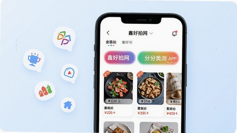 画面展示鑫好拍网APP的分类浏览页面,手机屏幕上排列着多个彩色分类标签与拍品卡片,卡片上有缩略图和价格标签,背景为淡蓝色渐变,画面左侧漂浮几个简约的分类图标,整体风格清新明快,适合移动端应用宣传图,构图以手机为视觉中心