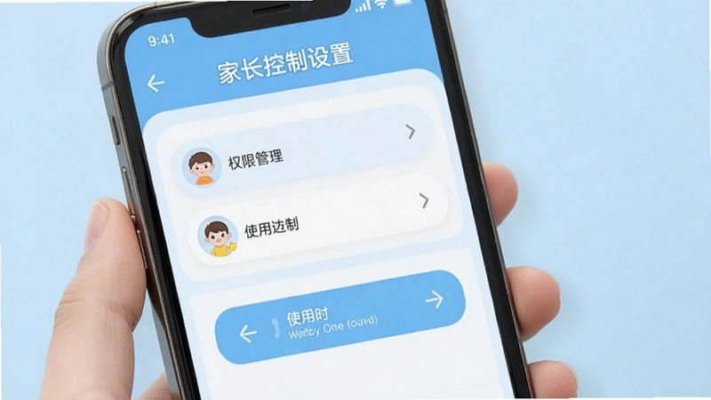 儿童动画成语故事家长控制设置界面,手机屏幕上显示权限管理列表和使用时长限制选项,界面简洁清晰,背景为柔和的浅蓝色调,体现安全放心的儿童软件管理场景