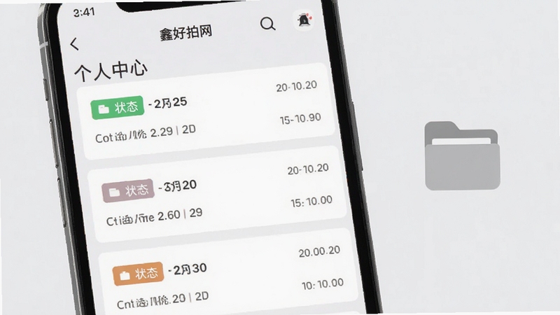 画面展示鑫好拍网APP的个人中心订单列表页面,手机屏幕上整齐排列着多条订单记录,每条记录带有状态标签与时间信息,背景为浅灰色极简风格,画面右侧有一个简约的文件夹图标,整体色调柔和统一,体现记录管理的条理性