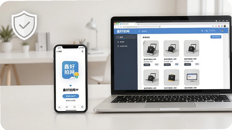 画面为一部手机与一台笔记本电脑并排摆放,手机屏幕显示鑫好拍网APP的安装引导界面,电脑屏幕显示网页版拍品列表,桌面整洁,背景为浅色办公环境,画面左上角有一个简约的盾牌图标象征安全提示,整体风格为写实与扁平结合的应用场景插画,突出多端使用的衔接