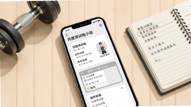 教练派训练记录列表,手机屏幕展示月度训练小结卡片与动作检索框,画面中有哑铃与训练日志本作为点缀,背景为浅色桌面,柔和阴影,简约插画风格,体现教练派记录归档功能