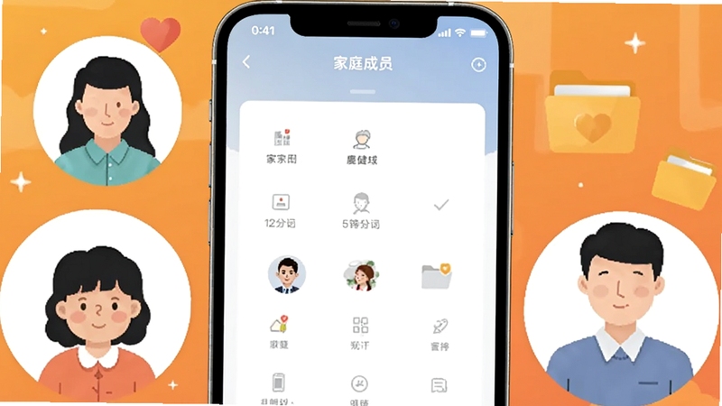 生图提示词,画面展示一部手机屏幕中麒健应用的家庭成员切换界面,屏幕周围环绕三个不同年龄人物的扁平头像剪影,背景为暖橙色渐变,点缀爱心与档案文件夹图标,体现家庭健康管理主题,适配Boogu模型生成