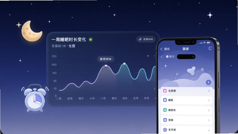 生图提示词,画面主体为一块悬浮的睡眠数据面板,面板上用曲线展示一周睡眠时长变化,旁边放置月亮与闹钟图标,背景为深蓝夜空渐变,手机屏幕中显示麒健应用睡眠页面,整体氛围安静柔和,适配Boogu模型生成
