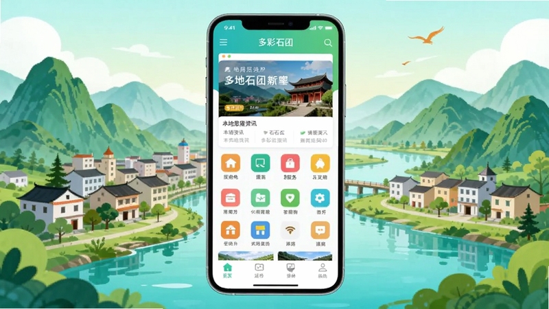 ���ʯ��Ӧ���������չʾ����������Ϊһ�����������ֻ�����Ļ�ڳ��ֶ��ʯ��APP��ҳ������������Ѷ��Ƭ������ͼ�깬����ײ�������������Ϊʯ���س���Զ������ɽ��ˮ���ڵĲ廭���ɫ��������������ͼ���жԳƣ�ͻ��Ӧ�ú���ȫò