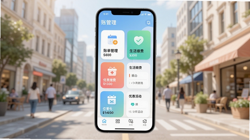刷新生活app主界面全貌展示,手机屏幕中呈现清爽的卡片式布局,包含账单管理、生活缴费、优惠活动等模块图标,背景为明亮的城市生活场景,色彩柔和,构图居中,适配Boogu模型生成
