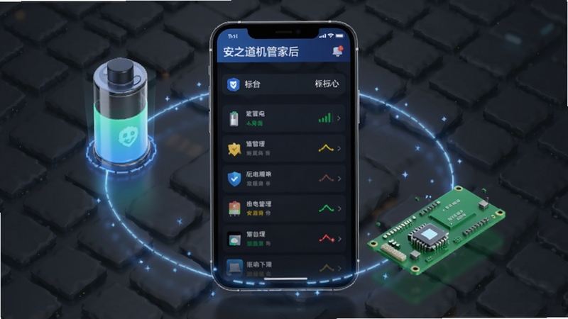 安之道机管家后台管控功能示意图,手机屏幕展示后台应用列表与耗电标记,屏幕外环绕电池与内存条图形元素,背景为深灰科技纹理,光线偏冷,突出安之道机管家的后台管理主题