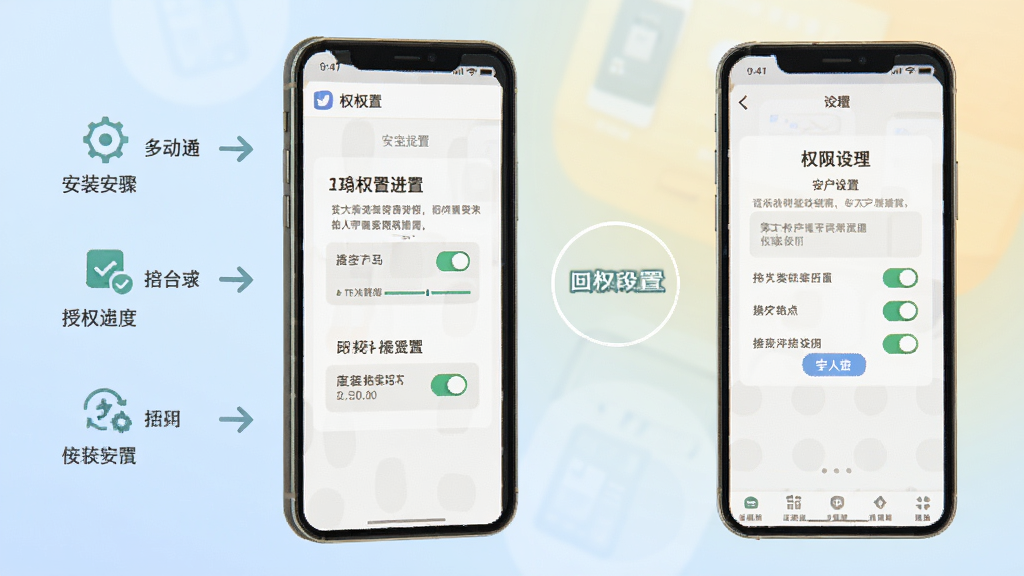 拼音宝软件在手机上的安装与使用流程示意图,画面主体为手机屏幕展示安装进度与授权提示,布局为左侧安装步骤、右侧权限设置界面,风格为简洁说明风,细节包括进度条、权限开关图标、柔和背景,画质清晰干净,无多余元素