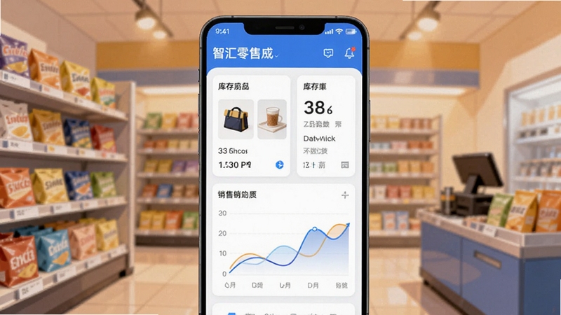 画面中央是一部竖屏安卓手机,屏幕内展示智汇零售应用的工作台界面,包含商品卡片、库存数字与销售曲线图表;背景为虚化的便利店货架与暖色灯光,整体采用清爽的蓝白配色,扁平化插画风格,构图居中,适配Boogu模型生成
