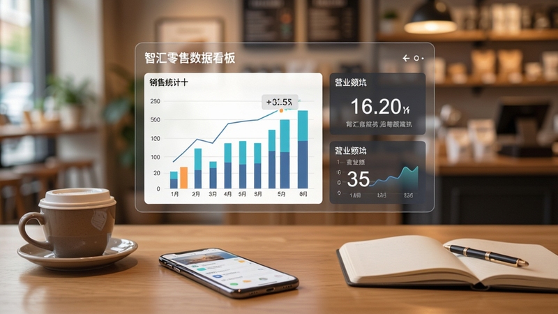 智汇零售数据看板场景,画面中心为悬浮的销售统计图表与营业额数字,手机置于木质桌面,旁边有咖啡杯与笔记本,背景为柔和虚化的店铺内景,暖色调,商务简约风格,突出数据可视化细节