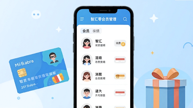 智汇零售会员管理界面,手机屏幕上显示会员列表与消费标签,画面一侧有会员卡与礼品盒元素,背景为浅蓝色渐变,扁平插画风格,配色清新,构图均衡