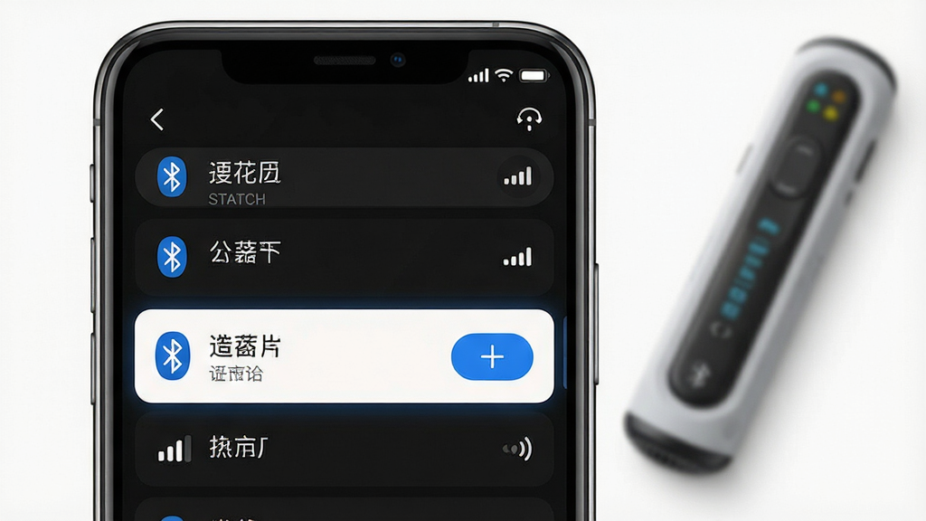 一张展示手机蓝牙配对界面的效果图,画面为手机屏幕特写,屏幕上显示蓝牙设备搜索列表,其中一支点读笔设备名称高亮显示并带有连接按钮,旁边有点读笔实物作为背景虚化,布局为手机居中、点读笔在右后方,风格为写实科技风,细节包括蓝牙图标、信号强度标识和连接状态文字,画质清晰,画面干净无多余元素