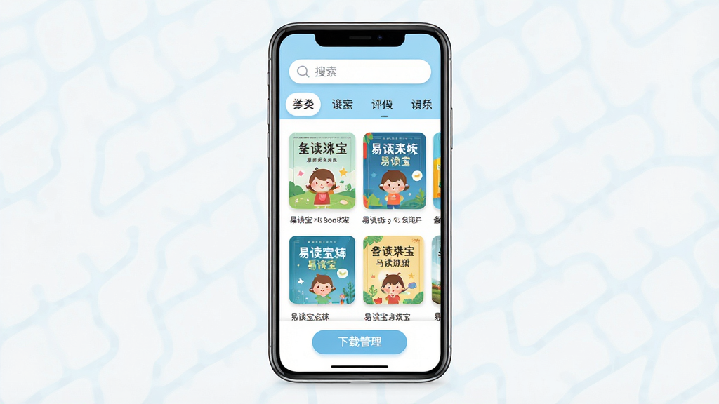 一张展示易读宝点读应用界面的手机屏幕效果图,画面中央是一部竖屏智能手机,屏幕上显示易读宝点读软件的主页,页面顶部有搜索框和分类标签,中间是书籍封面卡片列表,底部有下载管理按钮,整体布局清晰、排版整齐,风格为清新明亮的扁平化UI设计,细节包括圆角图标、柔和阴影和浅蓝色主色调,画质高清干净,画面中不出现多余杂乱元素