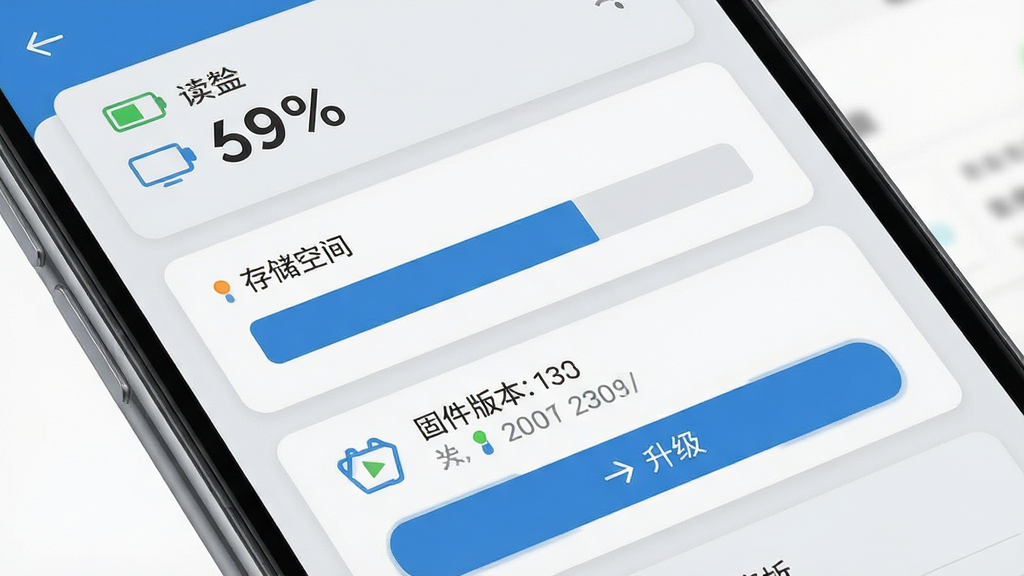 一张展示易读宝点读应用设备管理页面的界面截图风格效果图,画面为手机屏幕特写,屏幕上显示电量百分比、存储空间条形图、固件版本信息和升级按钮,界面采用卡片式布局,配色为浅灰与蓝色搭配,风格为简洁科技感UI设计,细节包括图标线条精细、数字清晰可读,画质高清,画面干净无多余装饰