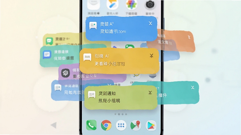 灵动坞通知小组件 安卓手机桌面美化界面展示,手机屏幕中央悬浮多张彩色通知卡片,卡片上显示消息图标与文字摘要,背景为浅色渐变桌面壁纸,画面明亮清新,细节丰富,适合软件下载站展示图