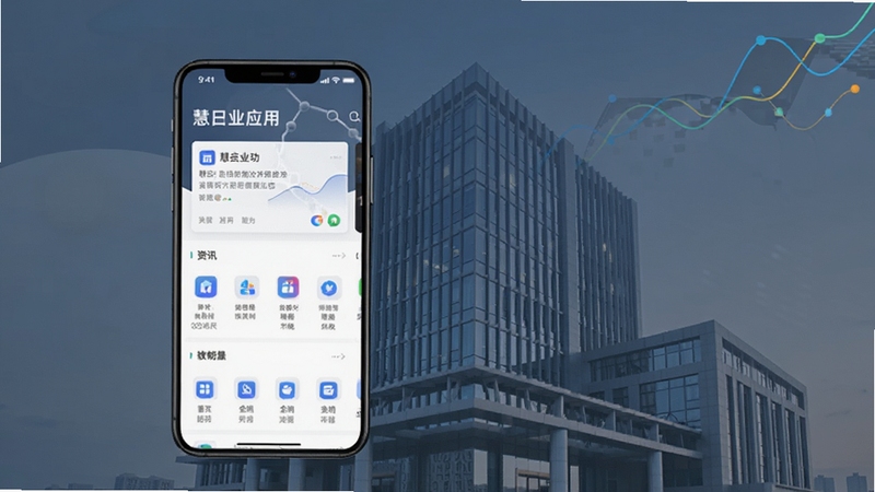 整体画面以现代国企办公大楼为背景,画面中央偏左位置放置一部竖屏智能手机,手机屏幕上展示慧国企应用主界面,界面包含资讯卡片与功能入口图标,背景色调为沉稳的蓝灰渐变,右上角点缀抽象数据线条元素,整体风格简洁商务,适合软件下载站头图使用